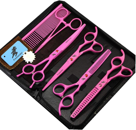 7 "Professional Pet Grooming Kit, Direct and Thinning Scissors and Curved Pieces 4 Pieces Kit for Pet Grooming Services (Pink)