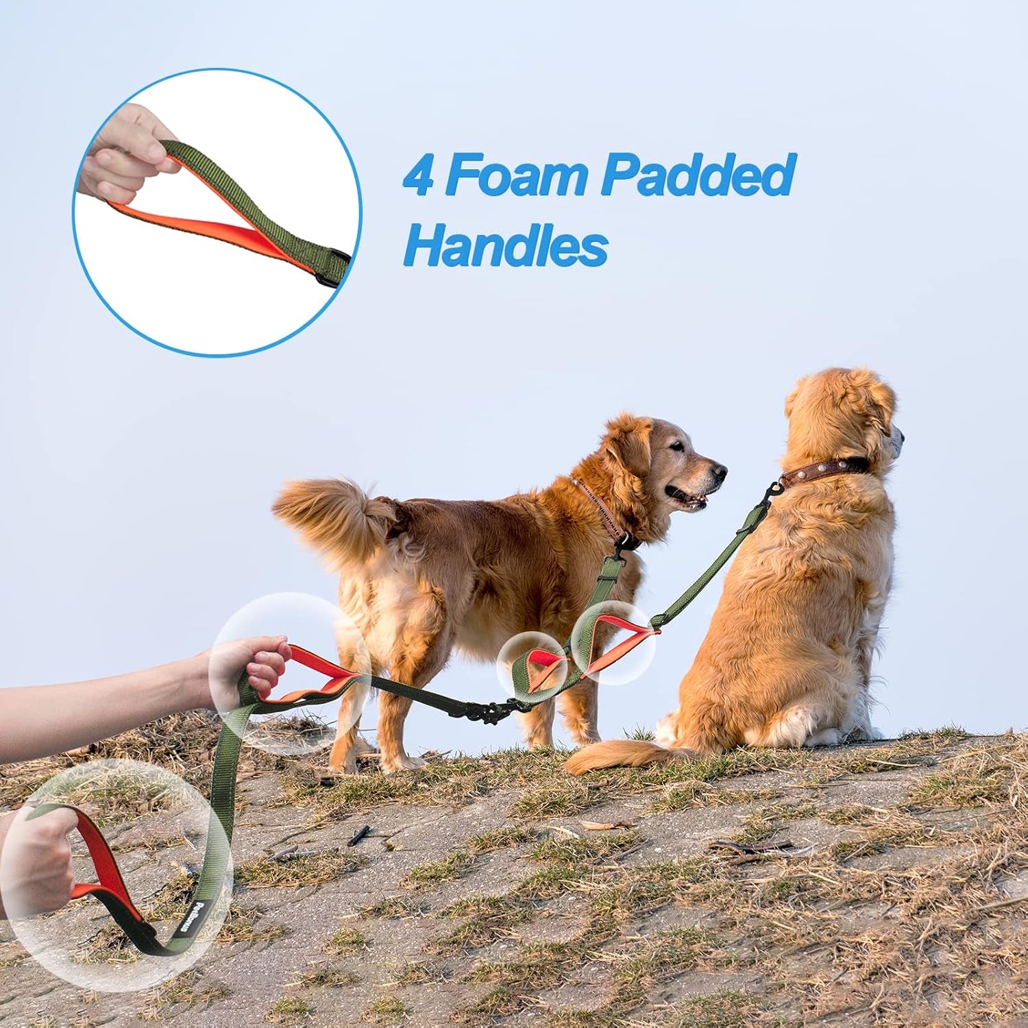Double Dog Leash, No Tangle Dual Leash, Reflective Walking Training Lead, 4 Comfortable Padded Handles for 2 Dogs with Collapsible Bowl and Waste Bags (Khaki Green, Large)